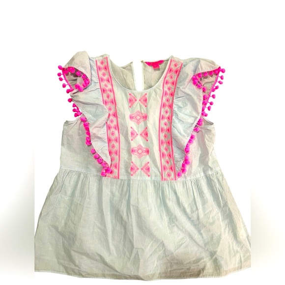 Lilly Pulitzer hot pink and white ruffle embroidered blouse top Sz L - Picture 1 of 5